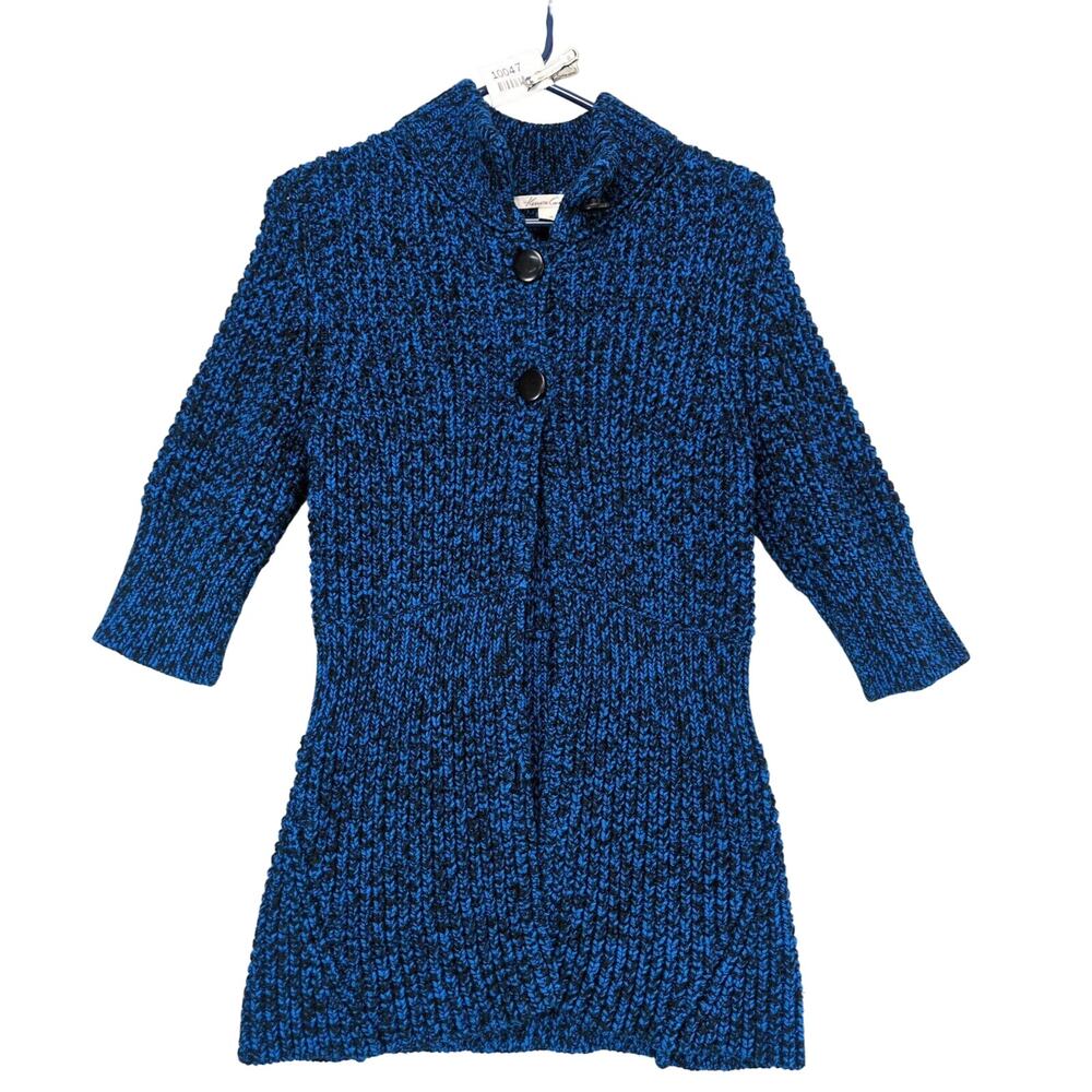 Kenneth Cole NY Women's M Wool-Blend Blue & Black Knit Cardigan, 3-Button‎ Retro